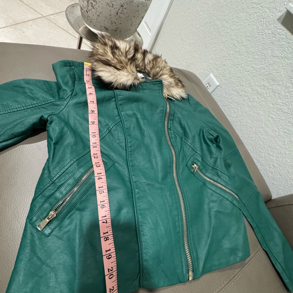 New York & Company Emerald Green Faux Leather Moto Jacket with Faux Fur Trim - Picture 11 of 14